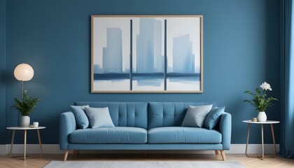 Interior mockup In a white room a blue sofa is placed next to a photo frame on the wall