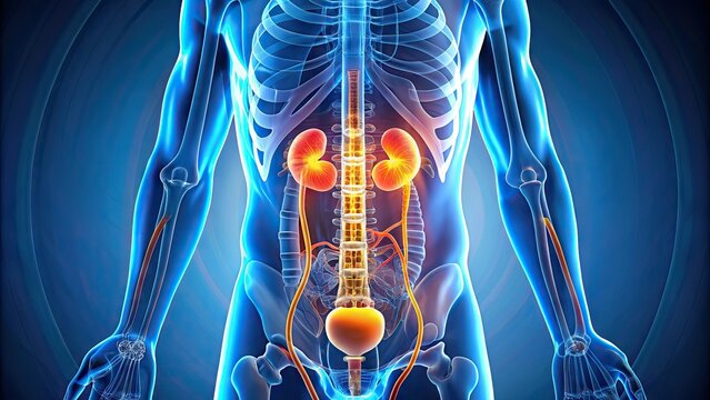 Illustration of the human urinary system showing kidneys, ureters, bladder, and urethra, highlighting the flow of urine and potential areas of infection.