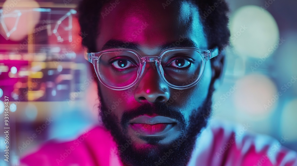 Leinwandbilder selfconfident black scientist in glasses and pink shirt using futuristic touchscreen display drawing