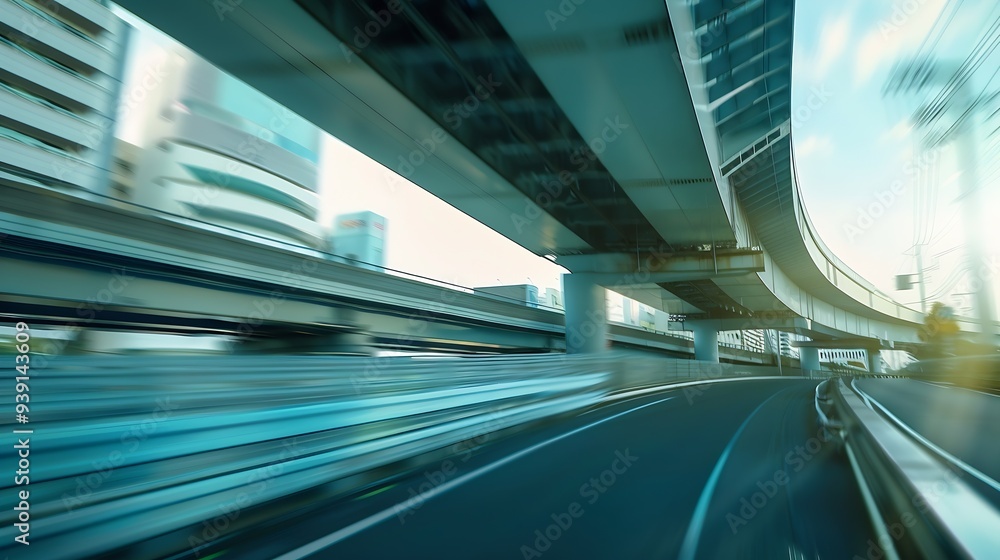 Poster highway overpass motion blur effect with modern city background : generative ai
