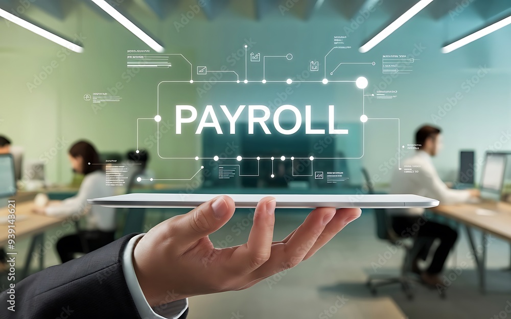 Poster digital payroll management: a businessman holds a tablet displaying the word 