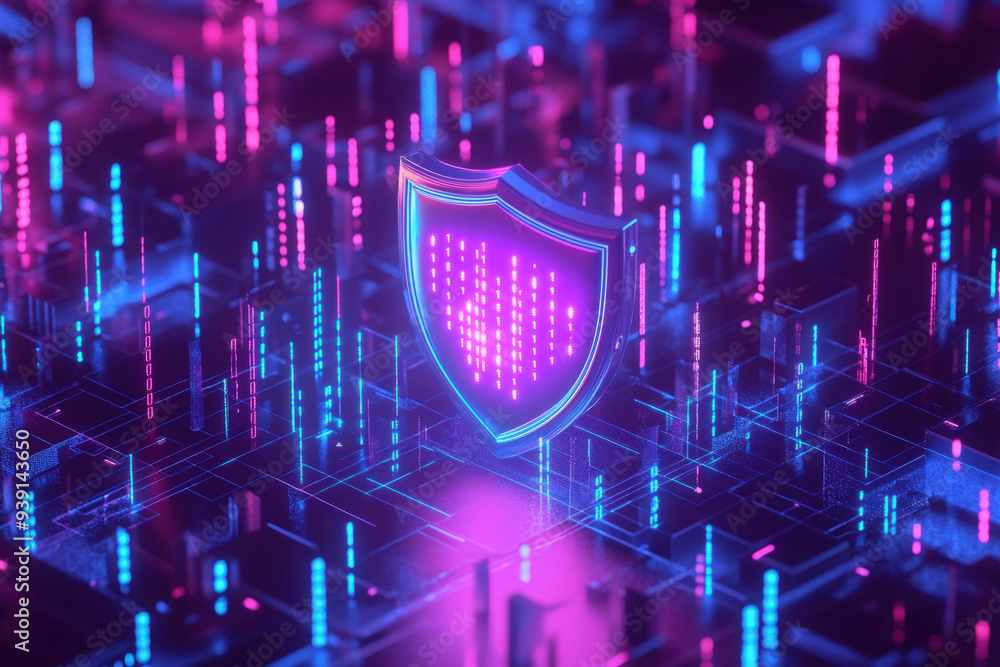 Poster glowing shield is protecting a futuristic digital data flow, representing cybersecurity and data pro