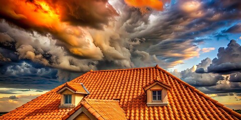 Orange tile roof house standing out against dramatic clouds in the sky, showcasing a unique blend of architecture and nature
