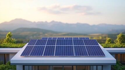 Fototapeta premium Solar panels installed on a rooftop, harnessing renewable energy against a backdrop of mountains and clear skies.