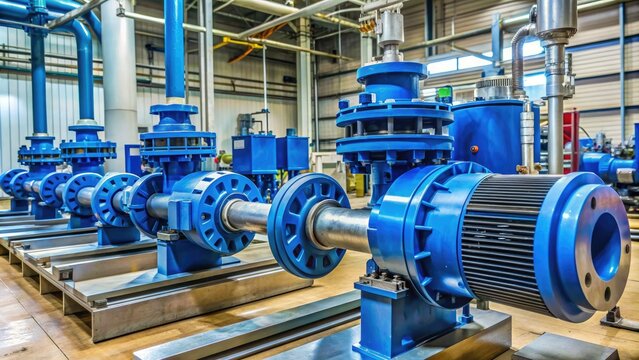 Industrial hydraulic water pump machinery with steel pipes and valves, used for efficient liquid transfer in construction, agriculture, or industrial applications.