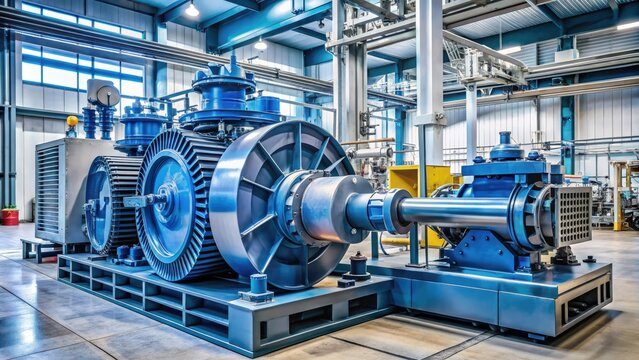 Industrial reciprocating compressor machine with pistons and cylinders, operate by crankshaft, used for compressed air, gas, and refrigeration systems in manufacturing facilities.