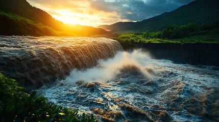 Stunning waterfall in a lush, green valley with the sun setting in the background, creating a dramatic and breathtaking landscape scene.