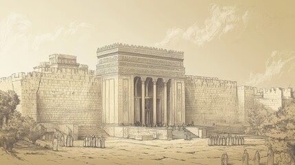 Obraz premium Biblical Illustration of Psalms 76: A Grand Temple in Jerusalem, Illuminated and Filled with Worshippers, Symbolizing God’s Greatness in Judah and His Renown in Israel