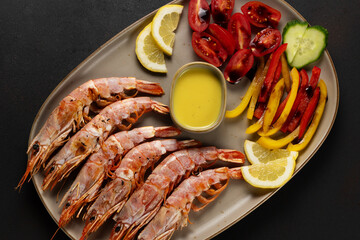 Grilled shrimps with lemon, paprika and sauce on dark background.
