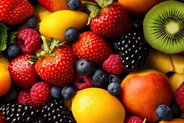 Obraz premium A vibrant assortment of fresh fruits including strawberries, lemons, and blueberries arranged beautifully for a colorful display.