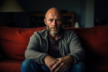 Fototapeta premium A man with a beard and bald head sits on a red couch