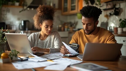 Young married couple with many debts doing paperwork together reviewing their bills planning family budget and calculating finances at kitchen table with papers calculator and laptop c : Generative AI