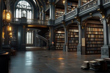 Fototapeta premium This quiet grand library features spiral stairs, vaulted windows, and tall book-filled shelves, providing a serene and intellectually stimulating environment for readers.