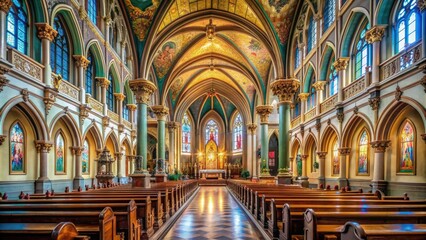 Fototapeta premium Interior of a historic Catholic church with ornate alters, vaulted ceilings, and stained glass windows, a popular destination for devout pilgrims seeking spiritual solace.