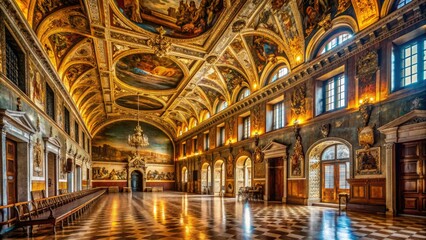 Obraz premium Interior of Doge's Palace in Venice, Italy, featuring ornate Gothic architecture, intricate stone carvings, and richly textured walls with warm golden lighting.