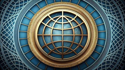 Obraz premium International financial institution's symbol featuring a stylized globe with meridians and parallels, surrounded by a circular border with a segmented pattern.