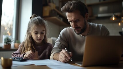 Young unhappy family paying utility bills online on laptop Stressed man sitting at table with documents and calculator filling in papers calculating domestic expenses together with his : Generative AI