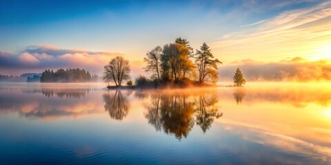 Obraz premium Mist shrouded island at sunrise with reflections in still water lake, creating a serene and mystical landscape