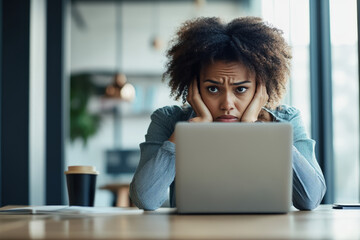 Young businesswoman is holding her head in her hands while looking at her laptop with a stressed expression