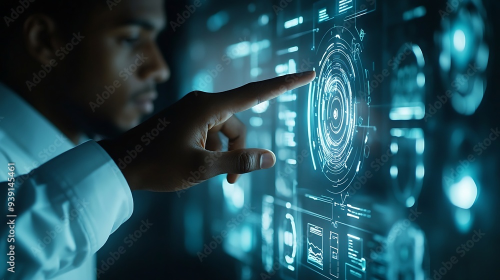 Aufkleber visual effects future technology touch screen interface handsome african american businessman in shi