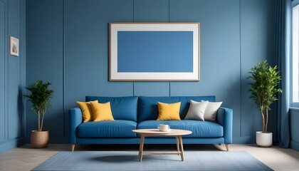 Interior mockup In a white room a blue sofa is placed next to a photo frame on the wall
