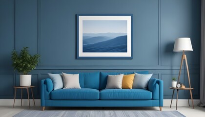 Interior mockup In a white room a blue sofa is placed next to a photo frame on the wall