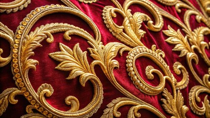 Fototapeta premium Intricate, swirling gold embroidery lines accentuate the edges of a lavish, crimson velvet fabric, evoking opulence and sophistication in ornate, Baroque-inspired design.