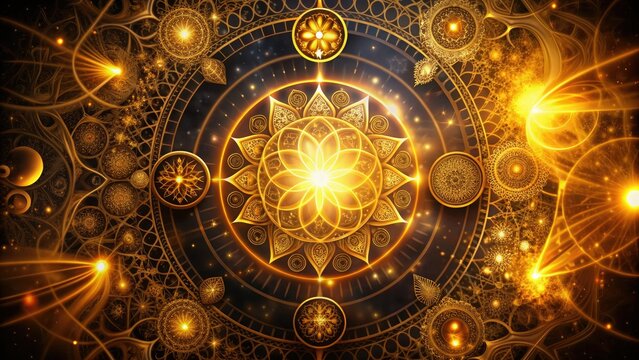Intricate, swirling patterns of golden light and sacred symbols on a dark background, evoking a sense of spiritual connection and divine presence.