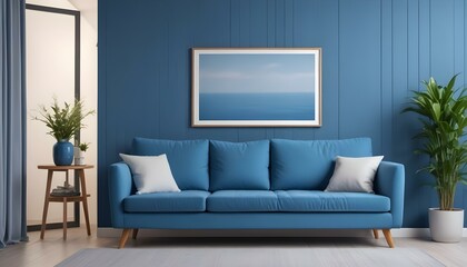 Interior mockup In a white room a blue sofa is placed next to a photo frame on the wall