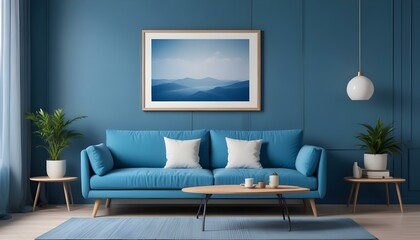 Interior mockup In a white room a blue sofa is placed next to a photo frame on the wall