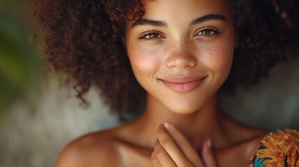 Beautiful positive friendlylooking young mixed race woman with lovely sincere smile feeling thankful and grateful showing her heart filled with love and gratitude holding hands on her  : Generative AI