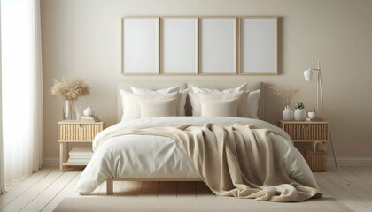 Mockup three frame in bedroom interior background, room in light pastel colors, 3d render