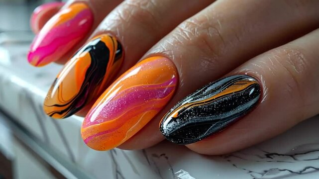 Jewel-toned nail art creation with swirling patterns and bright colors in a cozy design studio