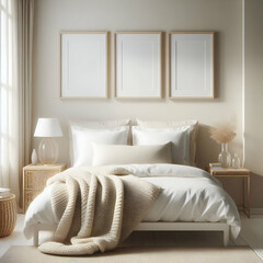 Mockup three frame in bedroom interior background, room in light pastel colors, 3d render