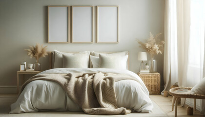 Mockup three frame in bedroom interior background, room in light pastel colors, 3d render