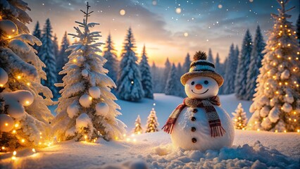 Obraz premium Snowman enjoying a winter wonderland with snow-covered pine trees and warm glowing lights