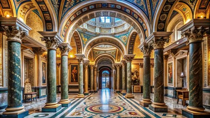Obraz premium Intricately carved stone arches, ornate columns, and lavish mosaics adorn a grand ancient Roman-style interior, evoking luxury and sophistication in a bygone era.