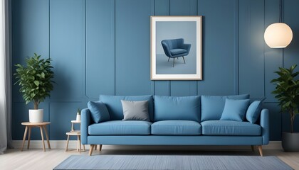Interior mockup In a white room a blue sofa is placed next to a photo frame on the wall