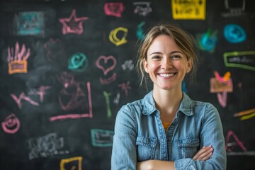 A smiling cartoon teacher standing in front of a blackboard filled with colorful chalk drawings