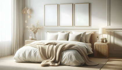 Mockup three frame in bedroom interior background, room in light pastel colors, 3d render