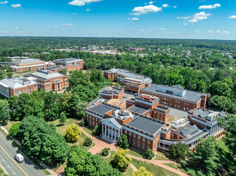 Aerial view of Mary Washington University buildings in Fredericksburg Virginia: Dodd Auditorium, Jefferson Hall, Bushnell Hall, Framar House
