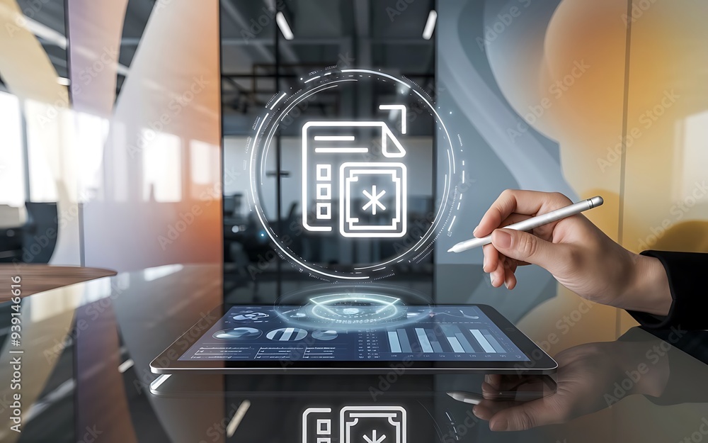 Poster digital document security: hand using stylus on tablet, securing digital document with innovative te