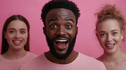 Shocked stupefied dark skinned man and their companions pose against pink background Emotional surprised horrified mixed race people see something unexpected in front Human reaction co : Generative AI