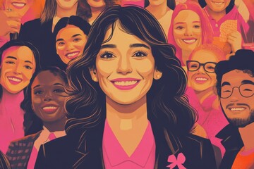 A smiling woman wearing a pink ribbon pin on her lapel, surrounded by loved ones and supporters Illustration --ar 3:2 --v 6.1 Job ID: 4d6cf6e7-4d9b-4773-8a98-b6e663ec175d