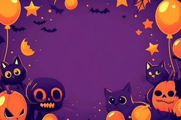 Fototapeta premium Halloween style wallpaper, gradient purple background with bright orange decoration and large blank space in the center for text, Halloween patterns such as skulls and black cats on both sides 