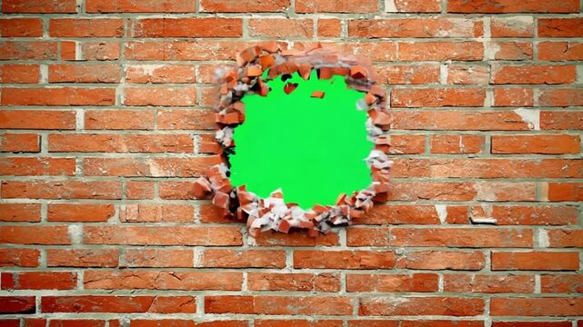 Brick Wall Explosion: A brick wall dramatically explodes, revealing a large hole with a green screen backdrop behind it, ready for creative possibilities.