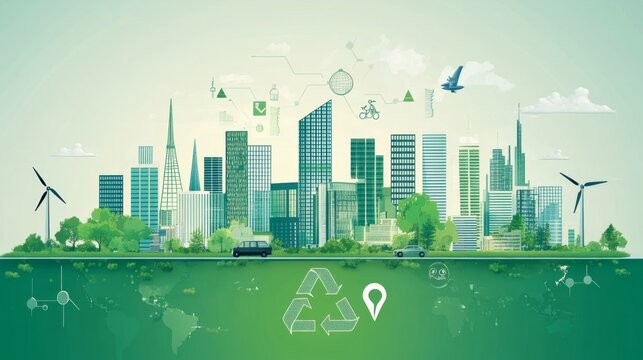 Showcasing carbon neutrality efforts with a focus on emissions reduction, corporate responsibility, and the implementation of clean energy solutions in an engaging visual style