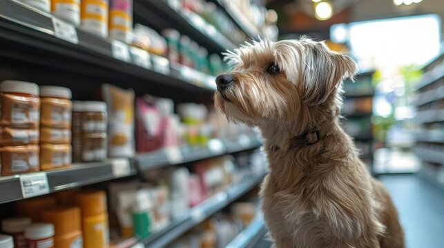 A curious dog exploring a pet store aisle filled with colorful products and treats.
