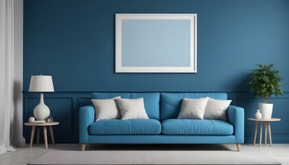 Interior mockup In a white room a blue sofa is placed next to a photo frame on the wall