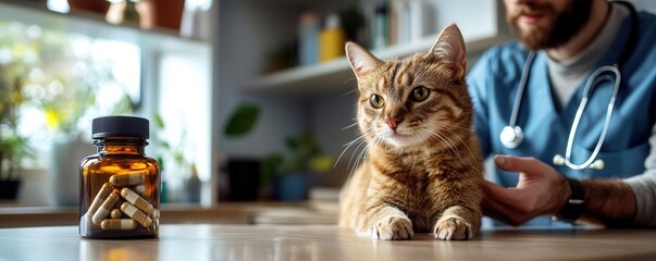 A veterinarian examines a pet cat with medicine on the table, highlighting pet care and healthcare practices for cats.